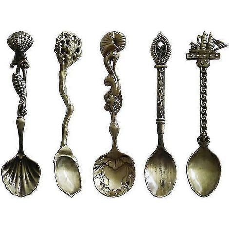 Lot de 5 cuillères à café rétro chics en alliage antirouille, multifonctions, pour desserts et maison, couleur bronze vert GG (1/4)