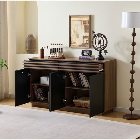 Buffet 150x40x85 cm avec 2 tiroirs et 4 portes, rangement spacieux pour salon ou salle à manger, MDF noir et brun