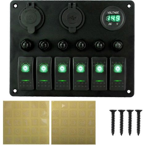 Universelles Bedienfeld für Pkw und Wohnmobile mit 6 Schaltern, 12/24-V-Wippschalter-Voltmeter, AA-Batterien im Lieferumfang enthalten (1/5)