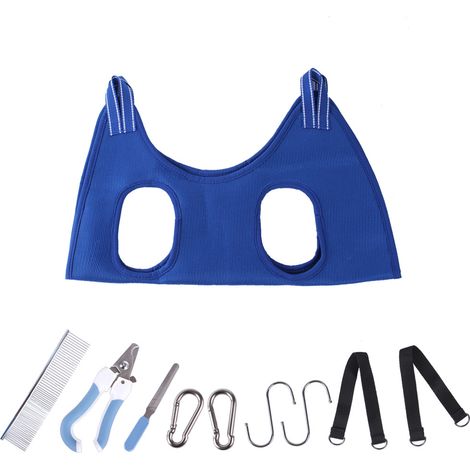 Ensemble de 10 pièces pour le toilettage des chiens et chats : harnais avec coupe-ongles, lime à ongles, peigne, hamac de contention respirant et accessoire de toilettage. (1/4)