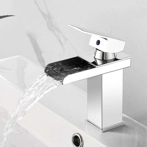 Waterfall Bathroom Sink Faucet, Stainless Steel Basin Faucet with Waterfall Spout, Single Hole Basin Mixer Tap, Chrome, Short MUMU (1/4)