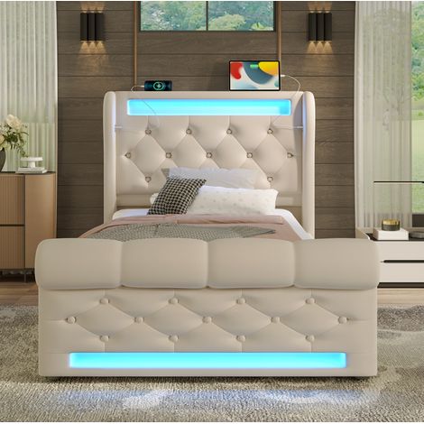 MEUBLIV Lit simple capitonné avec LED station de charge USB et Type C coffre hydraulique tête de lit avec rangement beige velours 90 x 200 cm (1/5)