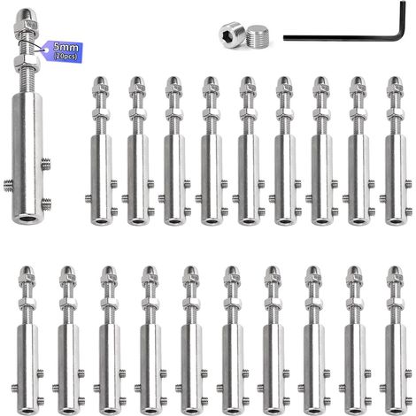 Pack of 20 Cable Tensioners 5 mm Stainless Steel Wire Rope Clamp with Threaded Rod and Allen Key, Heavy Duty Tension Fitting for Steel Cables, Ideal for Fencing or Guardrail Installations (1/5)