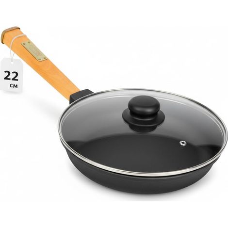 Poêle en fonte Ø 22 cm - Hauteur : 43 mm - Poignée en bois amovible - Couvercle en verre - Poêle en fonte - Convient pour barbecue à gaz, four, foyer à induction et tous types de plaques de (1/5)