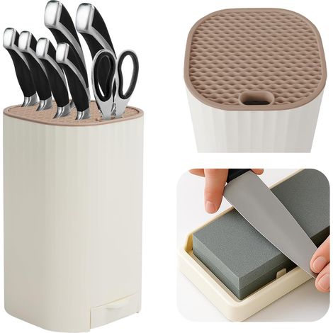 Bloc Couteaux Cuisine, Porte Couteaux de Cuisine avec Aiguiseur Couteaux, Universel Amovible Carré Range Couteau avec Fentes, Support Couteau pour Nettoyage Facile (1/5)