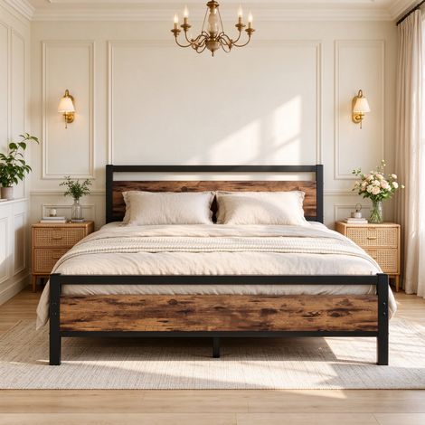 Lit double 140 x 200 cm avec sommier à lattes en métal et bois - Lit d'appoint avec espace de rangement - Pour chambre à coucher, chambre d'amis, en métal, marron