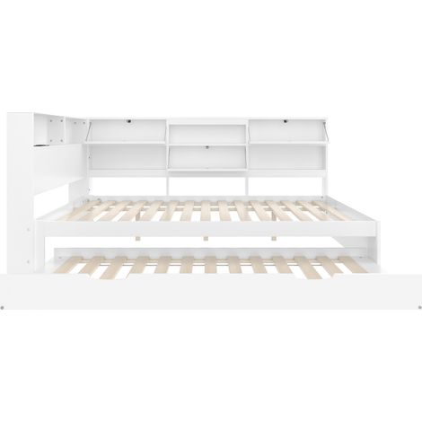 Lit banquette 140 x 200 cm avec tête de lit de rangement et lit gigogne blanc MODENUIT (1/5)