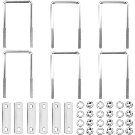 6 Boulons en U, Acier Inoxydable 304, M6 90x45mm, avec Écrous Rondelles Plaques, Fixation Tuyaux Toit Bateau