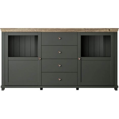 Petits-Meubles – Buffet 2 portes 4 tiroirs en bois certifié FSC – Dimensions 181x42x93 cm – Vert façon chêne de Lefkas – Espace de rangement moderne (1/4)