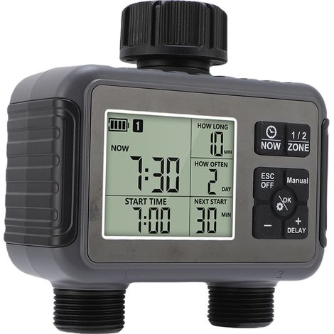 Minuteur d'arrosage automatique avec écran LCD, compatible avec robinets de 3/4 à 1/2 pouce, 2 zones d'arrosage pour jardin et cour extérieurs. (1/5)