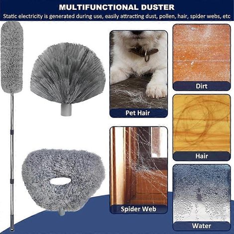 Kit de dépoussiérage pour ventilateurs de plafond et toiles d'araignée, comprenant une tige télescopique, une brosse d'angle et un plumeau en microfibre. (1/5)
