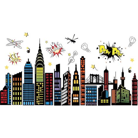 Adesivi murali in stile fumetto con skyline cittadino, decalcomanie murali di supereroi, decorazioni murali rimovibili fai-da-te per camera da letto dei ragazzi, soggiorno, sala giochi, corridoio (1/5)