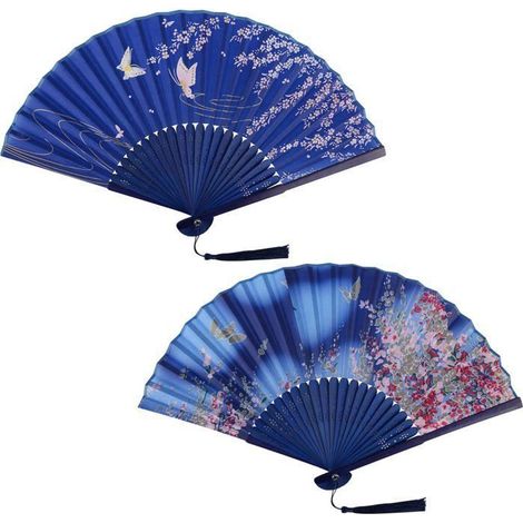 Lot de 2 Japonais Eventail Tissu Bois Plié Eventails Pliants Soie et Bambou avec Frange Décoration Japonaise Style Mini Éventail (1/5)