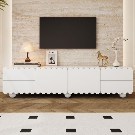 Mueble TV 175x38x37 cm blanco en MDF y tablero de partículas con puertas, cajón y bordes redondeados (1/5)