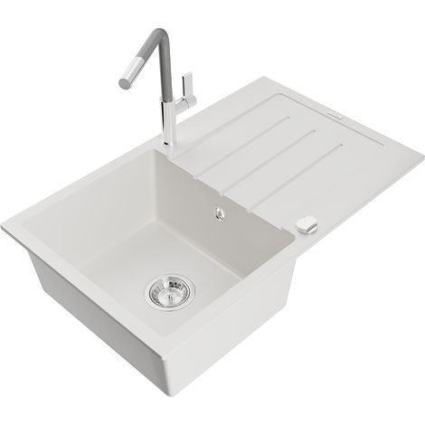 Mexen Bruno 1 Becken-Granitspüle mit Abtropffläche und Mischbatterie Flora, Weiß - 6513-20-670401-06