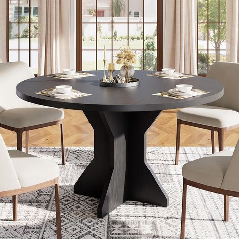 Table à manger ronde en bois massif 120 cm - 4 à 6 personnes - Piétement central stable - Noir (1/5)