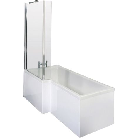 Balterley 1500 mm Left Hand L Shape Shower Bath Bundle & Tub, Curved 6 mm Safety Glass Screen & Matching Front Panel, Gloss White (1/4)