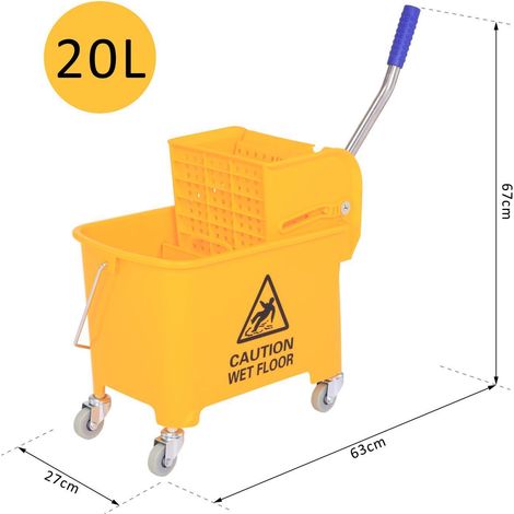 Cubo de fregona de 20 litros con escurridor y asa, cubo de fregona con ruedas, plástico, amarillo