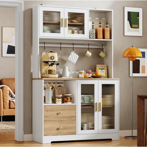 Armario de cocina 110x40x178 cm, con vitrina, enchufes USB y LED RGB, estantes ajustables, MDF blanco y natural (1/5)