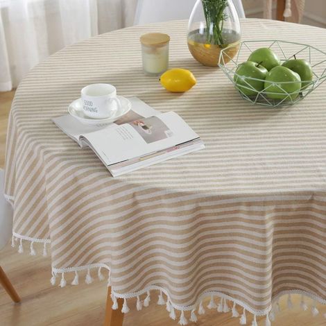 Linge de table Nappe ronde beige 150 cm aspect lin - style bohème (1/4)