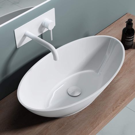 doporro Lavabo da Appoggio, Lavandino Bagno 62.5x34.5x17.5cm, Lavabo Ovale da Minerale Fuso Colossum807, Biano Lucido