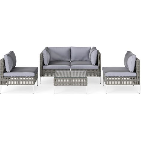Sedie giardino rattan tavolino caffè vetro temperato cortile divano modulare vimini cuscini grigio misto (1/4)