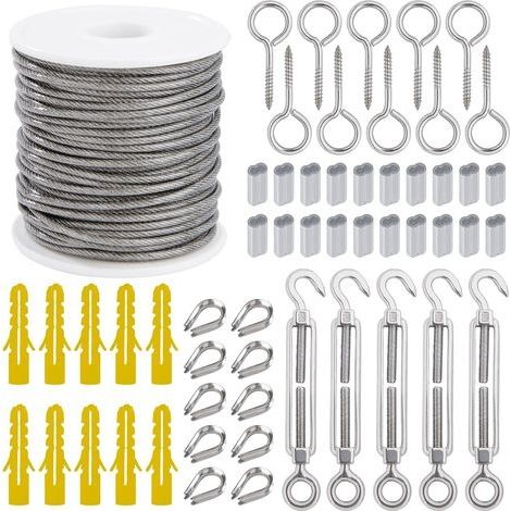 Câble Métallique Suspendre Kit 2mm Corde en Acier Inoxydable 30m avec Tendeur Vis à œillet Manchons en Aluminium Cosse Coeur 56 Pièces (1/5)