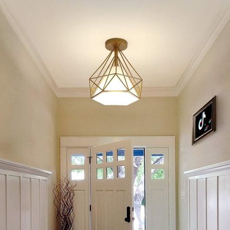 Retro Plafonnier Industrielle Cage en forme Diamant en Métal Fer Lustre Suspension Luminaire pour Salon Salle Chambre Décorer Maison Cuisine, Doré (1/4)