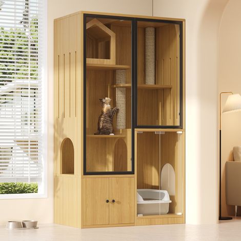 Maison pour chat 90x50x160cm - Avec griffoir - 4 portes - Naturel（sans bac à litière）
