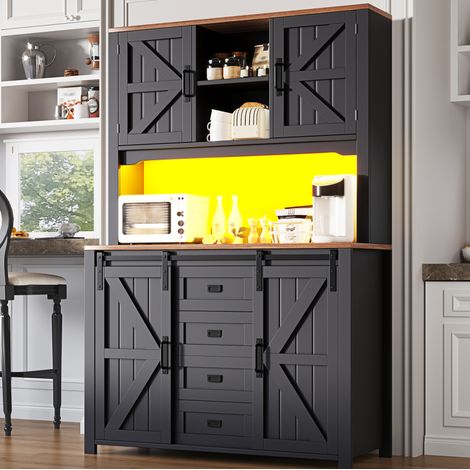Buffet de cuisine 115x40x174.7 cm noir en MDF et métal avec portes coulissantes, tiroirs et éclairage LED (1/5)