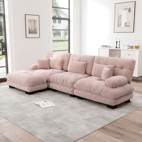 REDOM Canapé modulable, assise profonde, ottomans mobiles, accoudoirs ronds, tissu chenille vintage rose