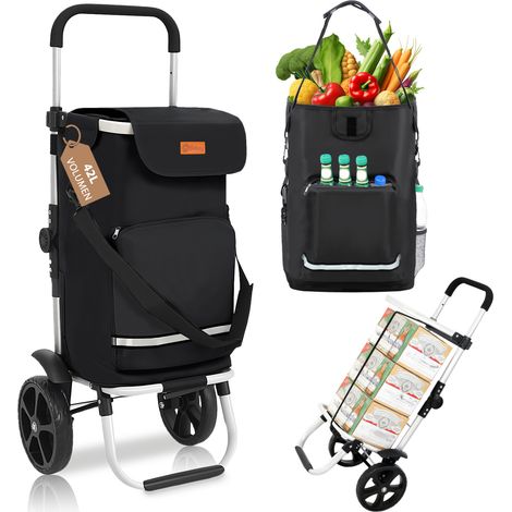 Sekey 3-in-1 Einkaufstrolley klappbar, Abnehmbare Tasche 42L, Alu Einkaufswagen mit Rollen, mit Kühlfach und Spanngurt, schwarz