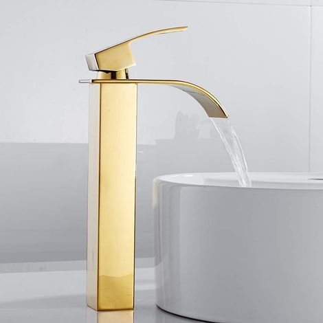 Robinet de salle de bain haut — bec en laiton finition or — installation facile. (1/5)