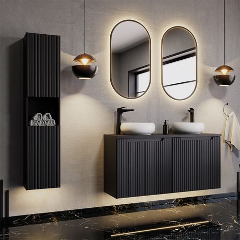 Badmöbel Komplett Set, 120cm Doppelwaschtisch, schwarz mit gerillter Front NEWPORT-56-BLACK (1/5)