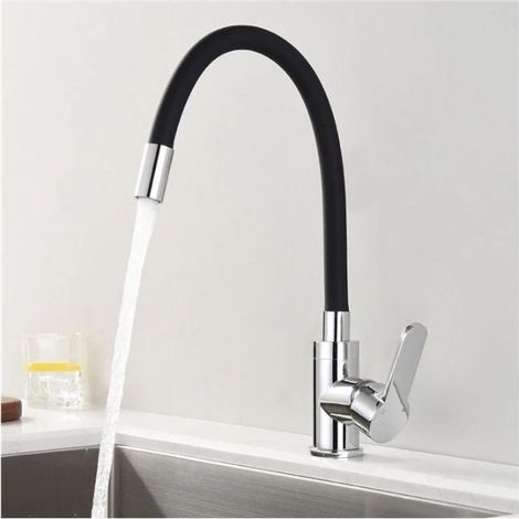 Robinet Cuisine - Bec Flexible Silicone Noir - Rotation 360° - Monotrou - Hauteur 334 mm - Pour Évier Simple ou Double (1/5)