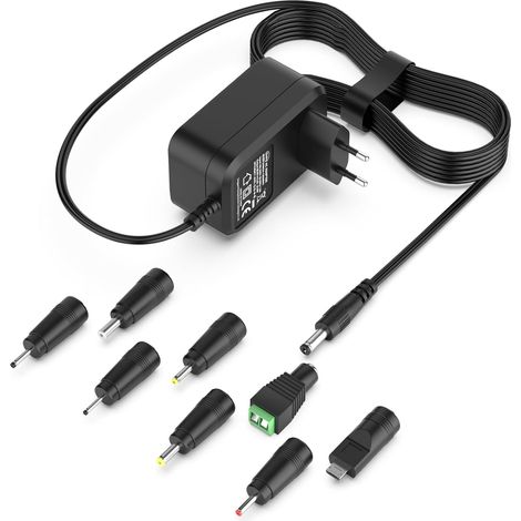 Bloc d'alimentation 12 V 2 A Adaptateur CA 100-240 V vers DC 12 V 500 mA 1000 mA 1500 mA 2000 mA Fiche 5,5 x 2,1 mm avec 8 fiches DC Transformateur universel pour lumière LED, disque dur externe (1/5)