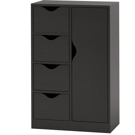 Meuble de rangement buffet commode 1 placard et 4 tiroirs, en bois, pour salon, cuisine, entrée, salle à manger, noir (1/5)