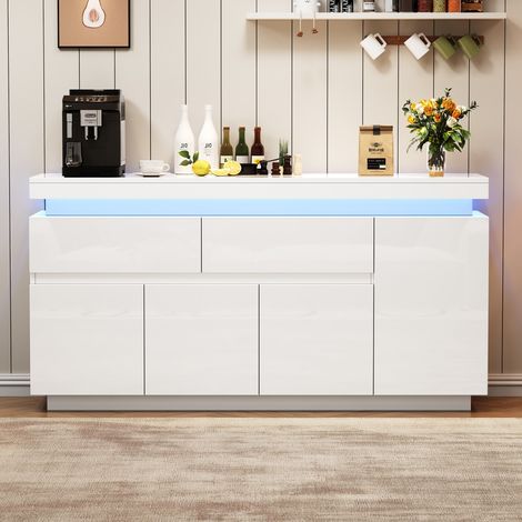 Buffet enfilade 4 portes 2 tiroirs blanc brillant avec LED - Armoire de salon et rangement 140 x 35 x 72,5 cm - Commode buffet (1/5)