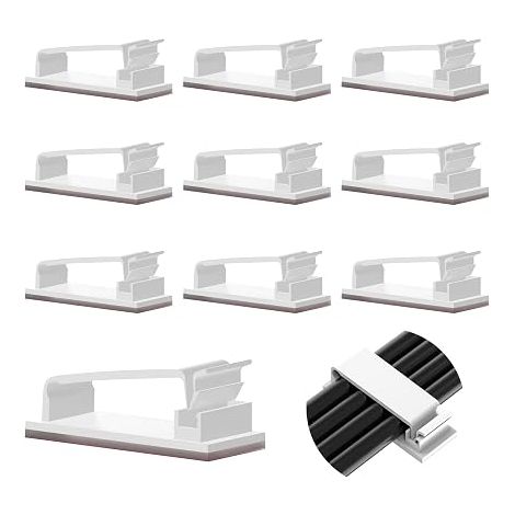 10 Pcs Auto-adhésifs, Management, Support, Gestion Clips Durable, pour TV, PC, Ordinateur Portable, Câble Ethernet, Maison, Bureau, (Blanc) (1/4)