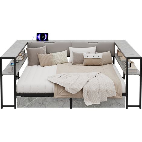 CHICFURN Lit banquette 140x200 avec 2 tiroirs, stations USB et USB-C, rangements dissimulés, cadre MDF et métal, gris béton, idéal pour chambre enfant et ado (1/5)