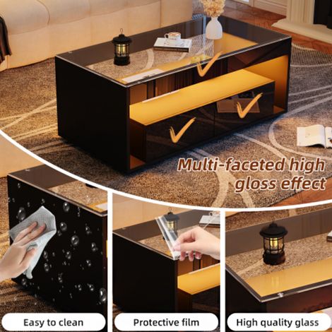 Table basse moderne éclairage LED 16 couleurs – Console rectangulaire, 2 grands tiroirs, plateau verre, double plateau, laquée brillante, noire – Ambiance lumineuse personnalisable (1/5)