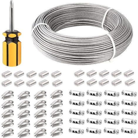 Cable Inox 3mm,100M/3mm Corde en Acier Inoxydable,Cable en Acier Revêtu avec Serre-Câbles,M3 Manchons,Cosses en Acier Inoxydable,3mm Cable Métallique pour Fil a linge,Cable de Garde Corps (1/5)