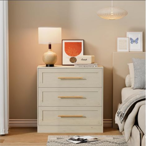 UEV Commode à 3 Tiroirs 80cm, Meuble de Rangement Moderne, Commode Étroite avec Manche Doré, Grain de Bois, pour Salon, Chambre, Bureau, 80 x 40 x 78 cm, Beige
