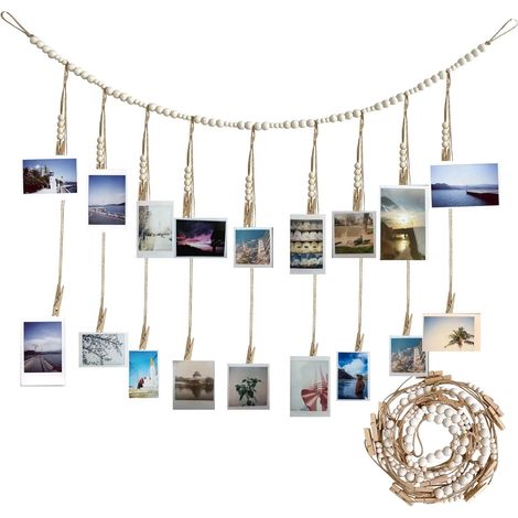 Lot de 2 clips de collage, perles en bois à suspendre avec 18 clips en bois, perles bohèmes pour photos, décorations murales, cadres de fête (1/5)