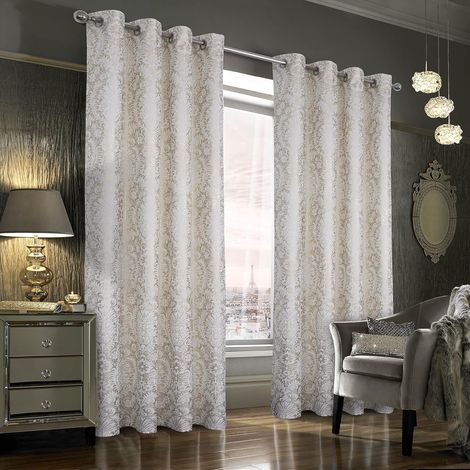 100% Blackout Curtain Set of 2 Golden Velvet with Eyelets, Thermal Insulated Anti-Cold, for Bedroom, Living Room, Kitchen, Shiny Metallic Pattern, White, 137 x 213 cm (1/5)