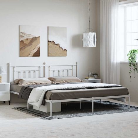 Cadre de lit métal blanc avec tête de lit, lattes, rangement 193 x 203 cm sans matelas - PANGIVO (1/5)