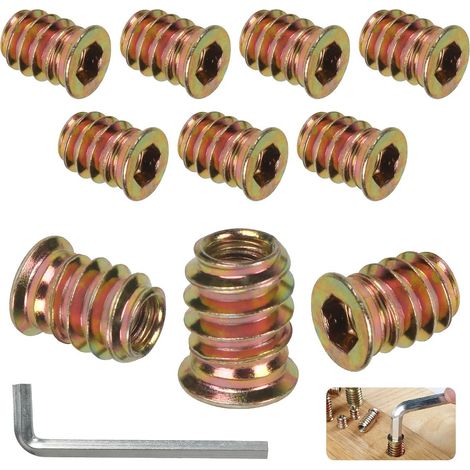 Insert Fileté Bois M8 x 15mm, 10 Pièces Douille Filetée Visser Inserts Écrous à Zinc, Insert D'écrou Borgne Metal Ecrou Hexagonal, Intérieur Manchons a Visse Vis Tête, pour Meubles en Bois (1/5)