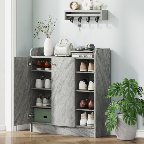Schuhschrank 83/30/90 cm in Grau mit 2 Türen und 4 offenen Fächern (1/5)