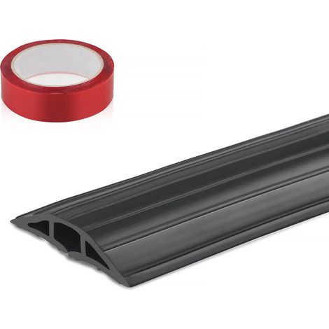 Passe Câble Sol 2M, Passage Plancher Souple Noir, 3 Passages pour Câbles et Fils, Protecteur Couvre-Câble de Sol 200 cm x 6,4 cm, avec Une Bande Adhésive Double Face de 500  3 cm (1/5)