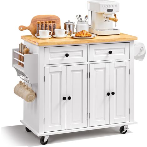 VEVOR Carro de Cocina con Tapa de Madera Maciza 90x45 cm Carro Móvil con Armario de Almacenamiento sobre Ruedas, Mesa de Cocina Rodante con Estante de Especias, Toallero, Cajón, Blanco